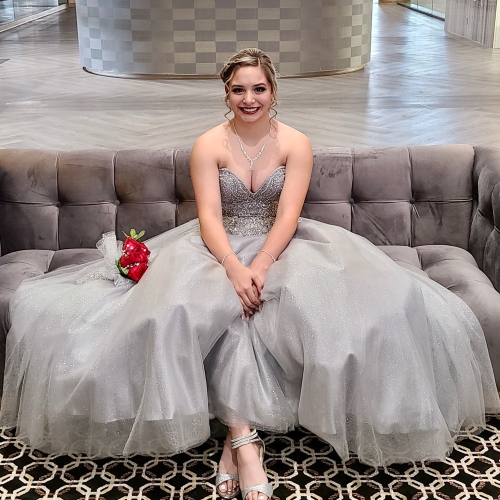 Camille La Vie gray ball gown
